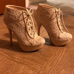 Ivory, lace, lace up stiletto booties